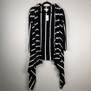 Chaus New York Sweater Women's Medium Black White Striped Cardigan Draped Hem
